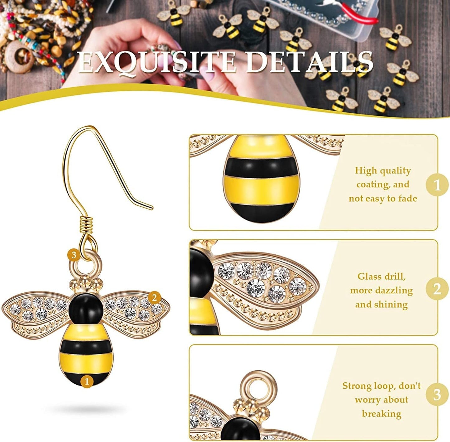 32 Pieces Bee Charm Pendants with Rhinestone, Honeybee Charms Pendants for Jewelry Making, DIY Craft, Earring, Necklace and Bracelet