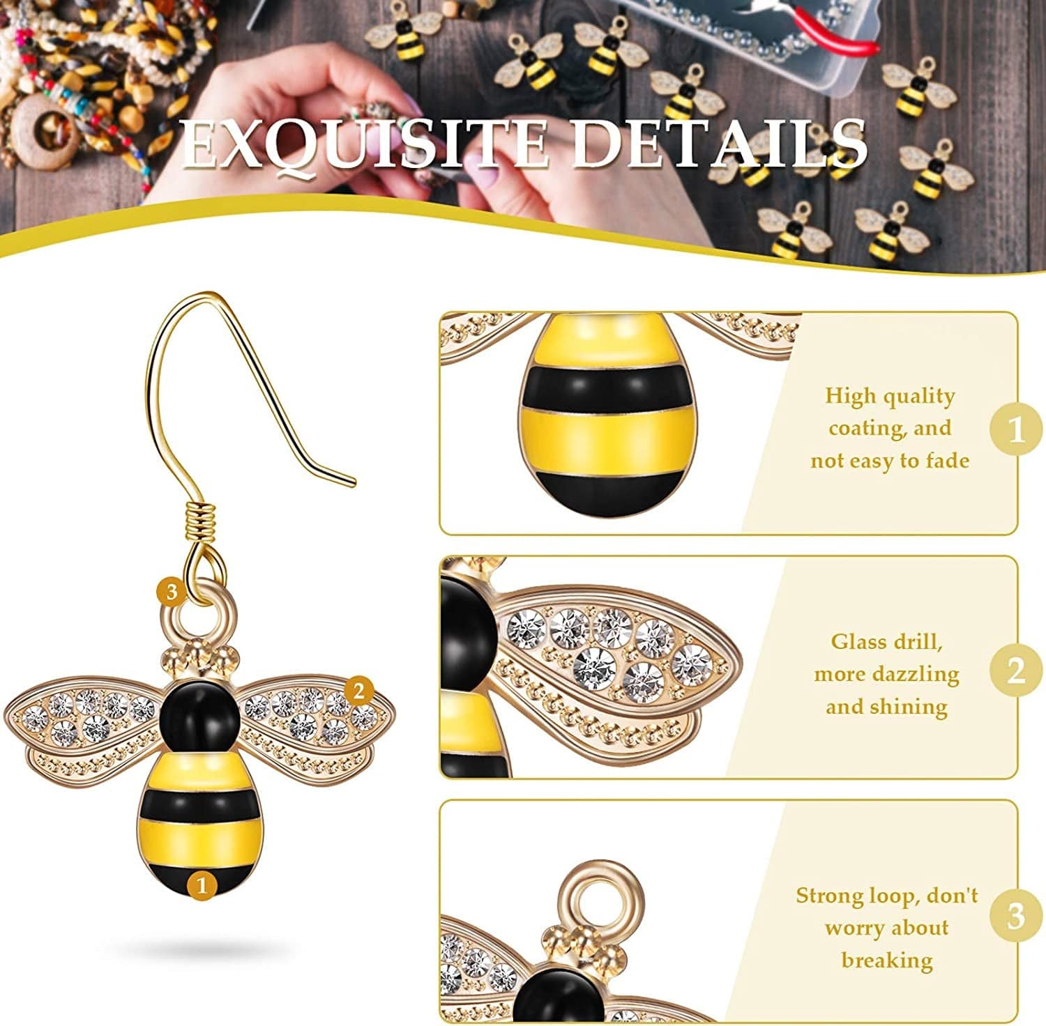 32 Pieces Bee Charm Pendants with Rhinestone, Honeybee Charms Pendants for Jewelry Making, DIY Craft, Earring, Necklace and Bracelet