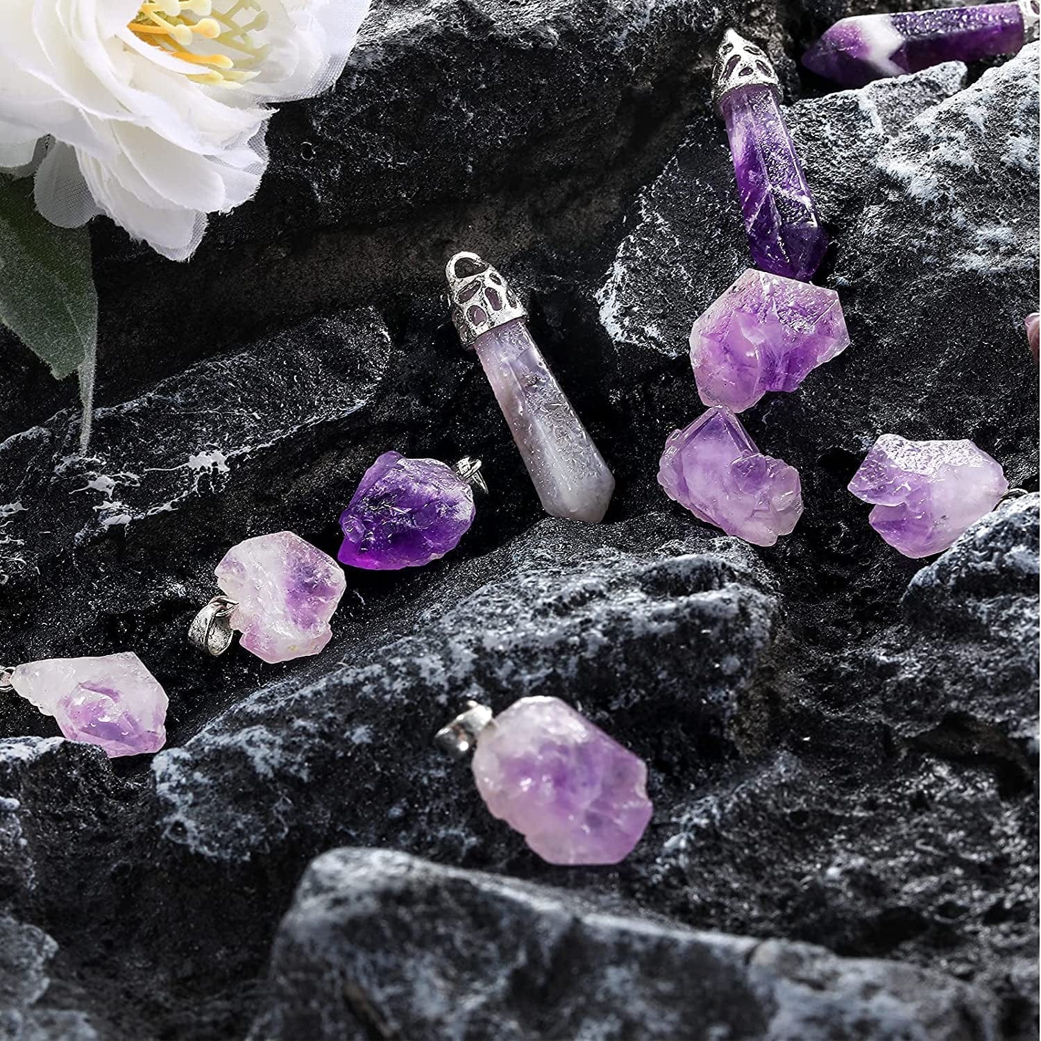 32 Pieces Bullet Necklace Amethyst Pendants Amethyst Necklace Natural Gemstone Gemstone Pendants Set Including 20 Irregular Rock Pendant and 12 Bullet Shape Charms for DIY Jewelry Making Supplies