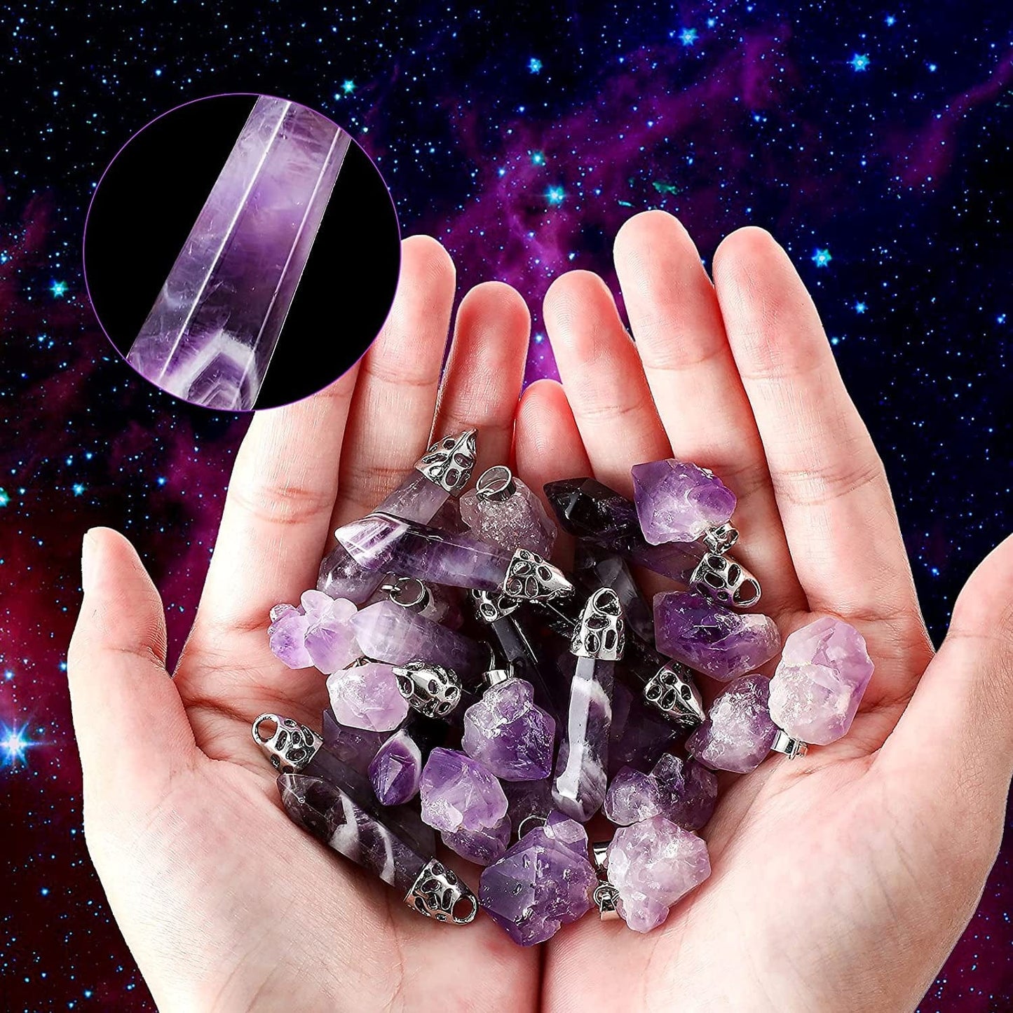 32 Pieces Bullet Necklace Amethyst Pendants Amethyst Necklace Natural Gemstone Gemstone Pendants Set Including 20 Irregular Rock Pendant and 12 Bullet Shape Charms for DIY Jewelry Making Supplies
