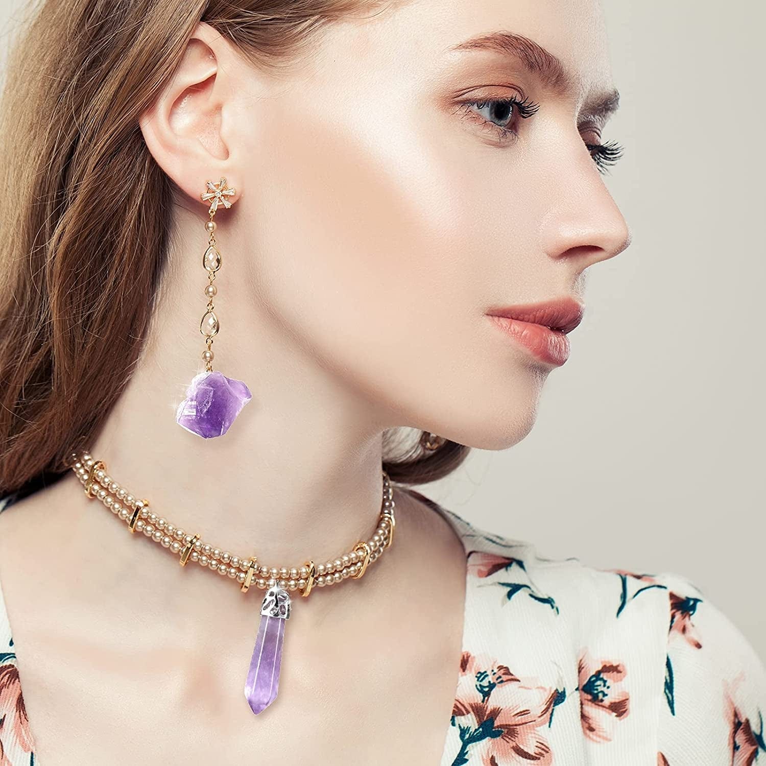 32 Pieces Bullet Necklace Amethyst Pendants Amethyst Necklace Natural Gemstone Gemstone Pendants Set Including 20 Irregular Rock Pendant and 12 Bullet Shape Charms for DIY Jewelry Making Supplies