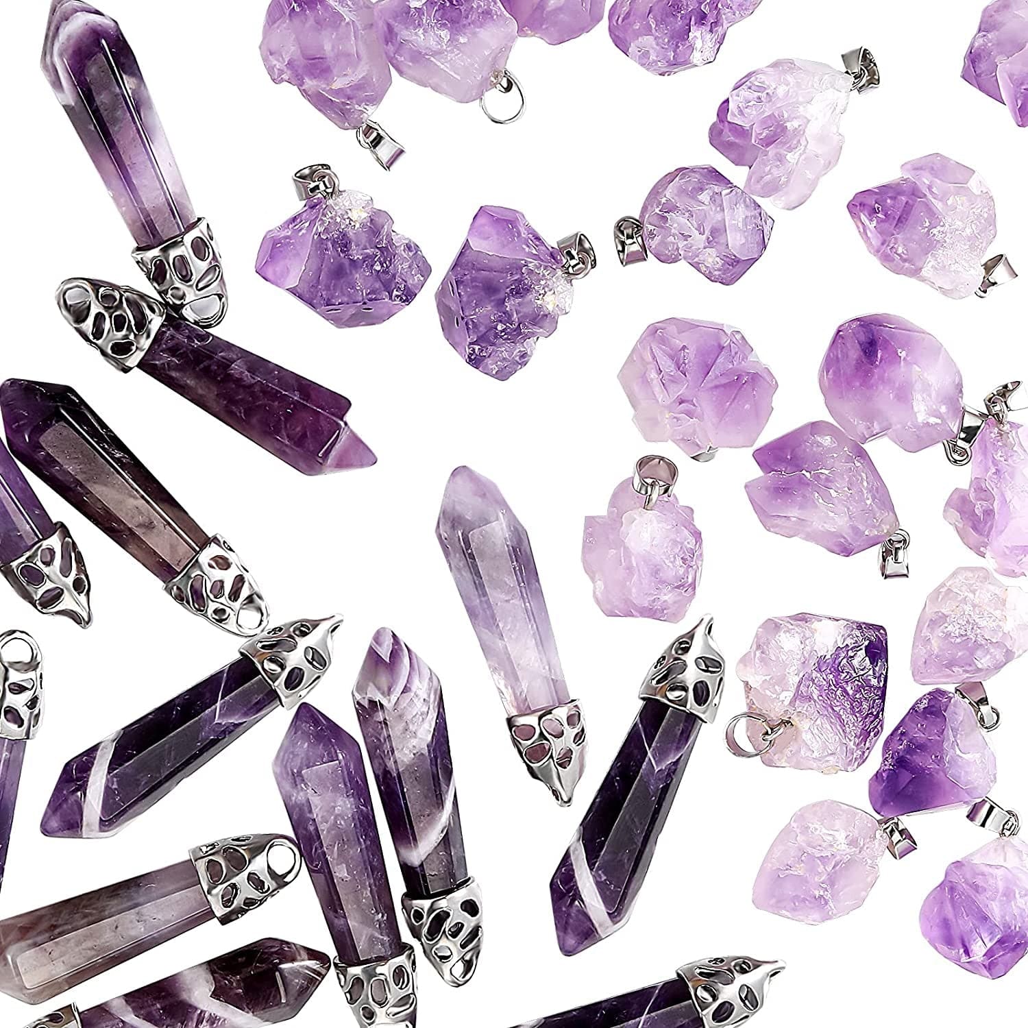 32 Pieces Bullet Necklace Amethyst Pendants Amethyst Necklace Natural Gemstone Gemstone Pendants Set Including 20 Irregular Rock Pendant and 12 Bullet Shape Charms for DIY Jewelry Making Supplies