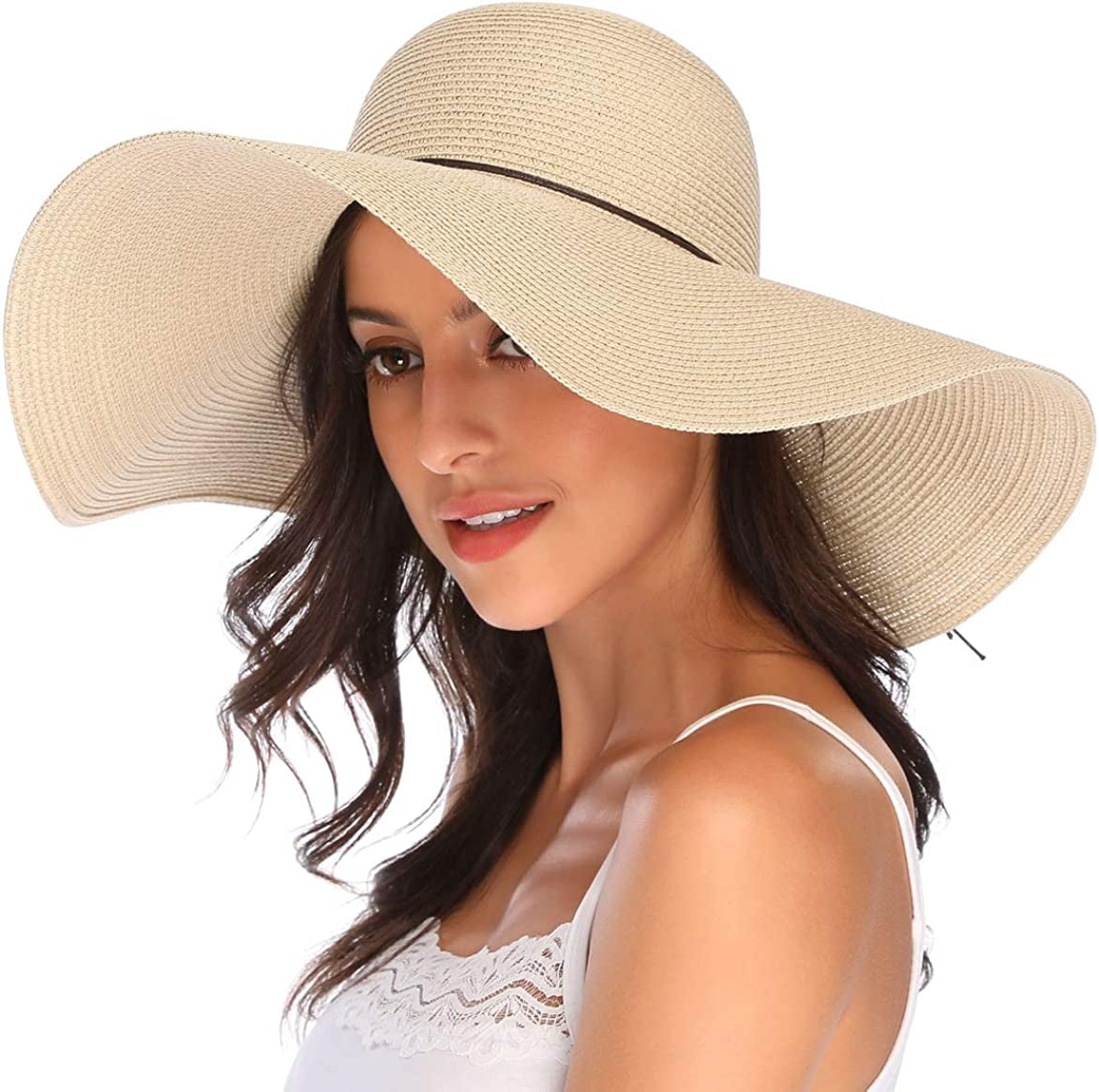 Lanzom Womens Wide Brim Straw Hat Big Floppy Foldable Roll up Cap Beach Sun Hat UPF 50+ Apparel & Accessories > Clothing Accessories > Hats Lanzom String-beige One Size