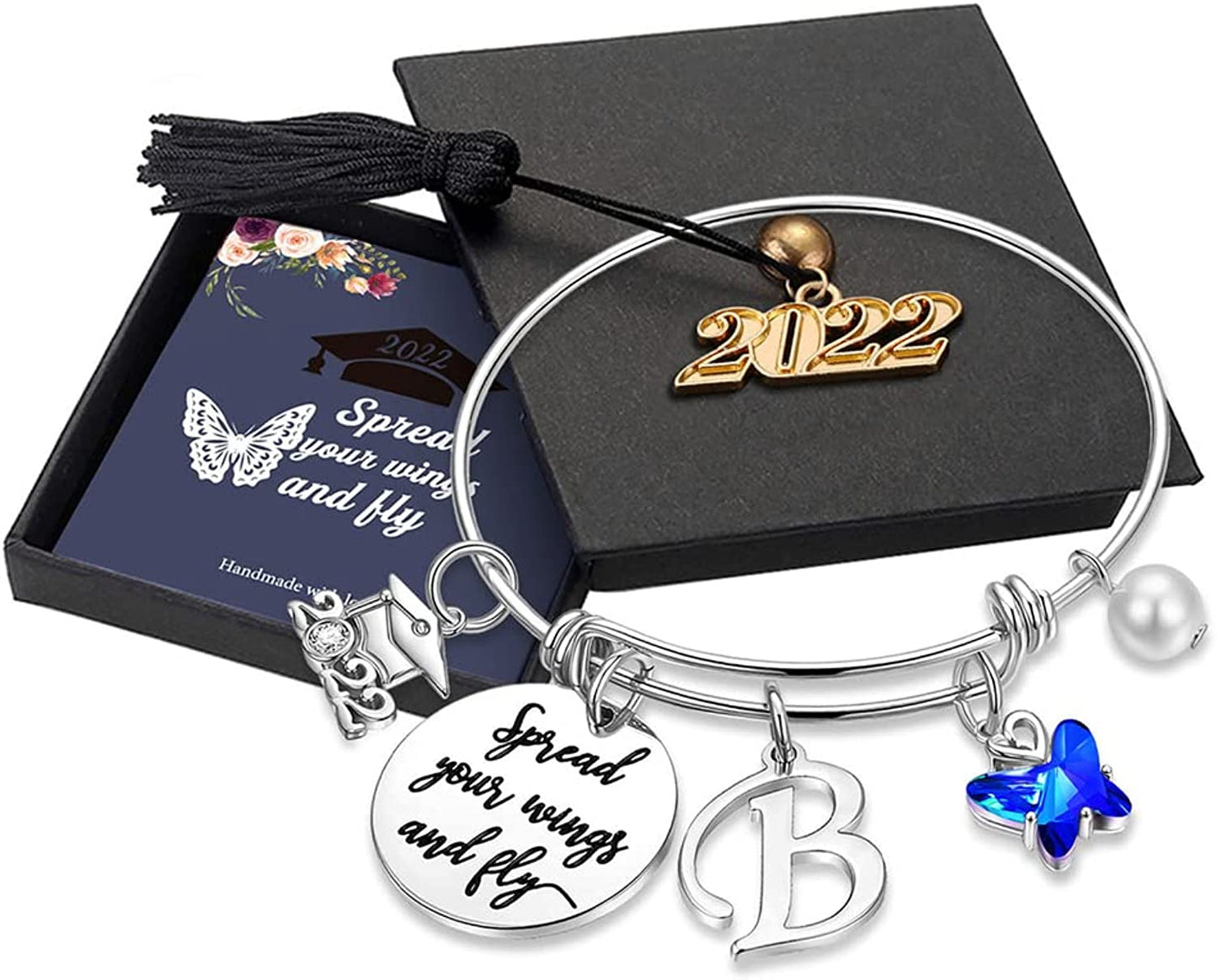 Graduation Gifts for Her 2022 Butterfly Bracelet,Inspirational Bangle with 2022 Graduation Grad Cap Mantra Quote Spread Your Wings and Fly Graduation Bracelet College Graduation Gifts for Her 2022 Apparel & Accessories > Jewelry > Bracelets Turandoss B - Silver
