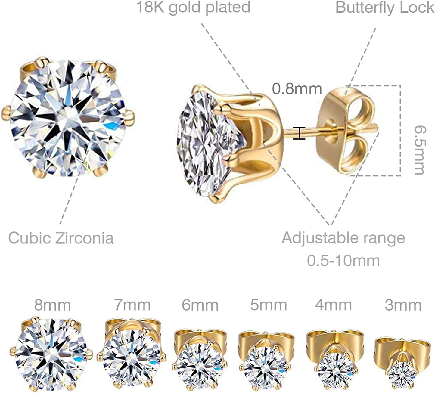 GEMSME 18K Yellow / White Gold Plated round Cubic Zirconia Stud Earrings Pack of 6 Apparel & Accessories > Jewelry > Earrings Gemsme