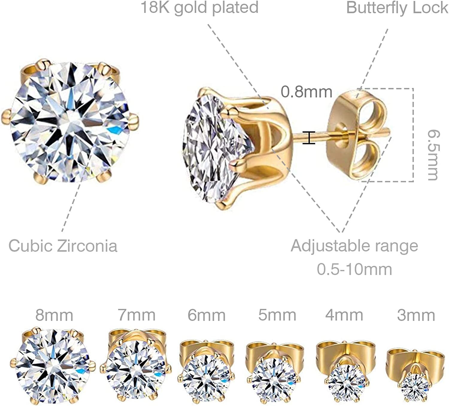 GEMSME 18K Yellow / White Gold Plated round Cubic Zirconia Stud Earrings Pack of 6 Apparel & Accessories > Jewelry > Earrings Gemsme