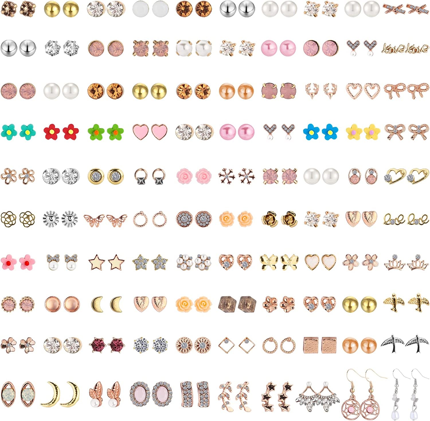 NEWITIN 100 Pairs Colorful Cute Stud Earrings for Girls Hypoallergenic Earrings Stainless Steel Earrings for Women Apparel & Accessories > Jewelry > Earrings NEWITIN Pastoral Girl