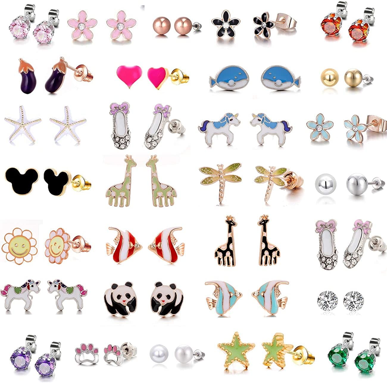 33 Pairs Hypoallergenic Stud Earrins Set for Girls Sensitive Ears with Stainless Steel Post in Vivid Colors and Multi-Styles Apparel & Accessories > Jewelry > Earrings TAMHOO #5-30 pairs