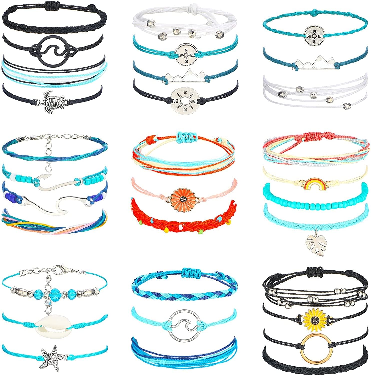 33 Pieces Summer Rope Bracelets Set for Women Sunflower Bracelets Surfer Strand Wave Bracelet Adjustable Friendship Bracelet Handmade Braided Beach Ankle Bracelets Ocean Jewelry for Women Girls Apparel & Accessories > Jewelry > Bracelets Hicarer Elegant Style