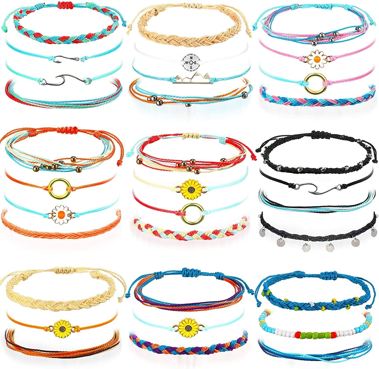 33 Pieces Summer Rope Bracelets Set for Women Sunflower Bracelets Surfer Strand Wave Bracelet Adjustable Friendship Bracelet Handmade Braided Beach Ankle Bracelets Ocean Jewelry for Women Girls Apparel & Accessories > Jewelry > Bracelets Hicarer Adorable Style