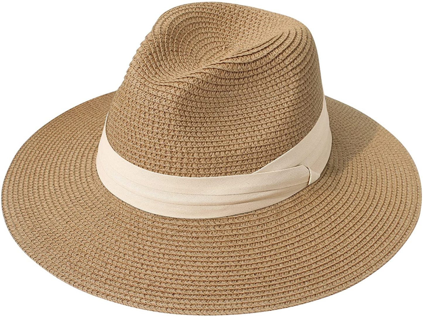 Lanzom Women Wide Brim Straw Panama Roll up Hat Belt Buckle Fedora Beach Sun Hat UPF50+ Apparel & Accessories > Clothing Accessories > Hats Lanzom Z-beige Ribbon Brown One Size