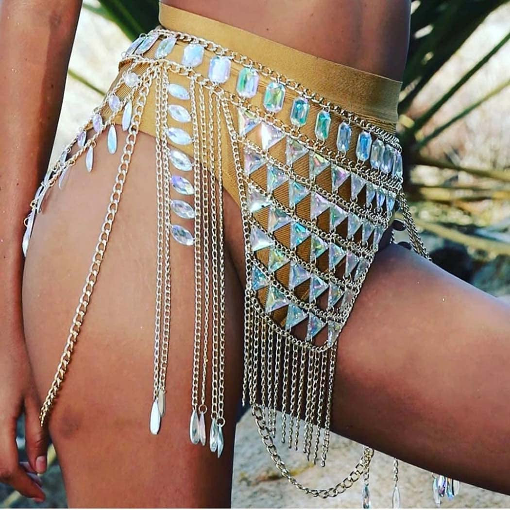 Canb Rhinestone Body Chain Suit Boho Body Waist Belly Chain Skirt Crystal Body Chain Bra Top Festival Jewelry for Women and Girls (VI) Apparel & Accessories > Jewelry > Body Jewelry CanB