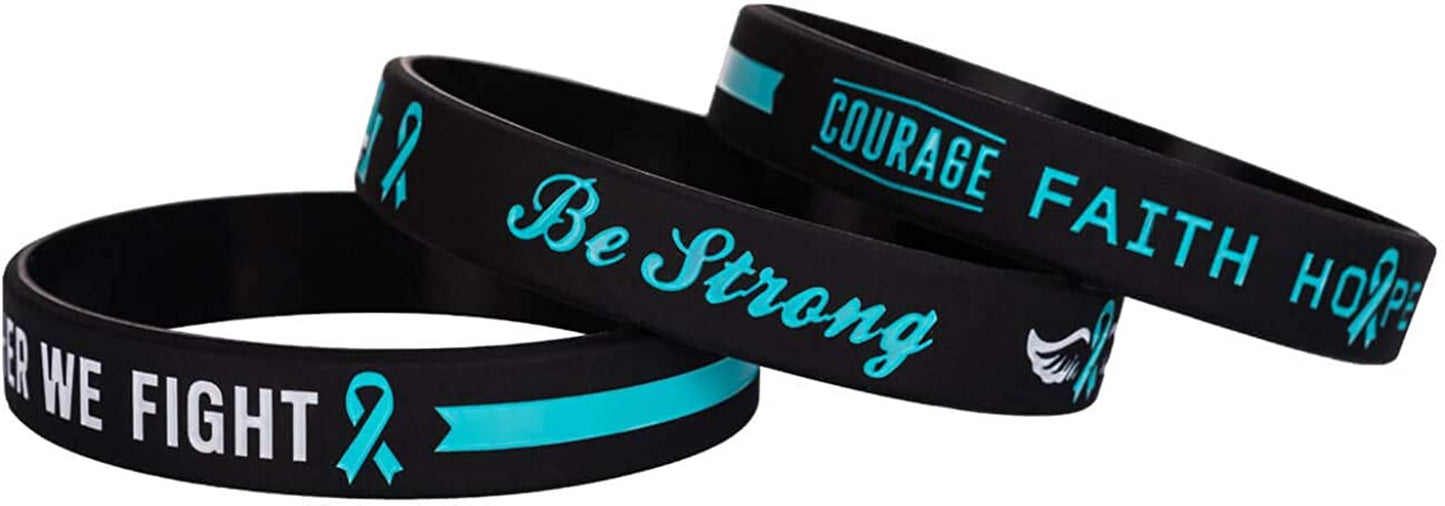 Sainstone Teal Cancer & Cause Awareness Ribbon Bracelets with Saying, Set of 3 Silicone Rubber Wristbands Gifts for Men Women, Patients Survivors (Ovarian Cancer Teal) Apparel & Accessories > Jewelry > Bracelets Sainstone