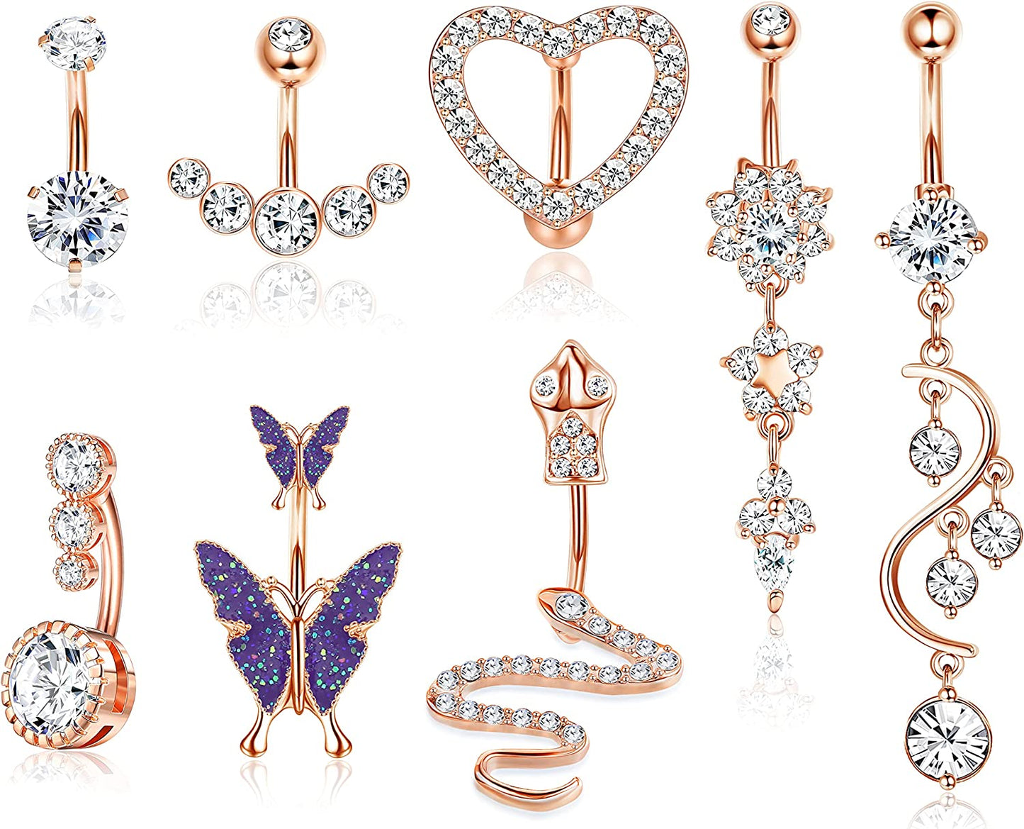 CASSIECA 14G Belly Button Rings Dangle for Women 316L Stainless Steel Snake Heart Shiny CZ Butterfly Navel Belly Rings Barbell Body Piercing Jewelry Apparel & Accessories > Jewelry > Body Jewelry CASSIECA Rose Gold Tone