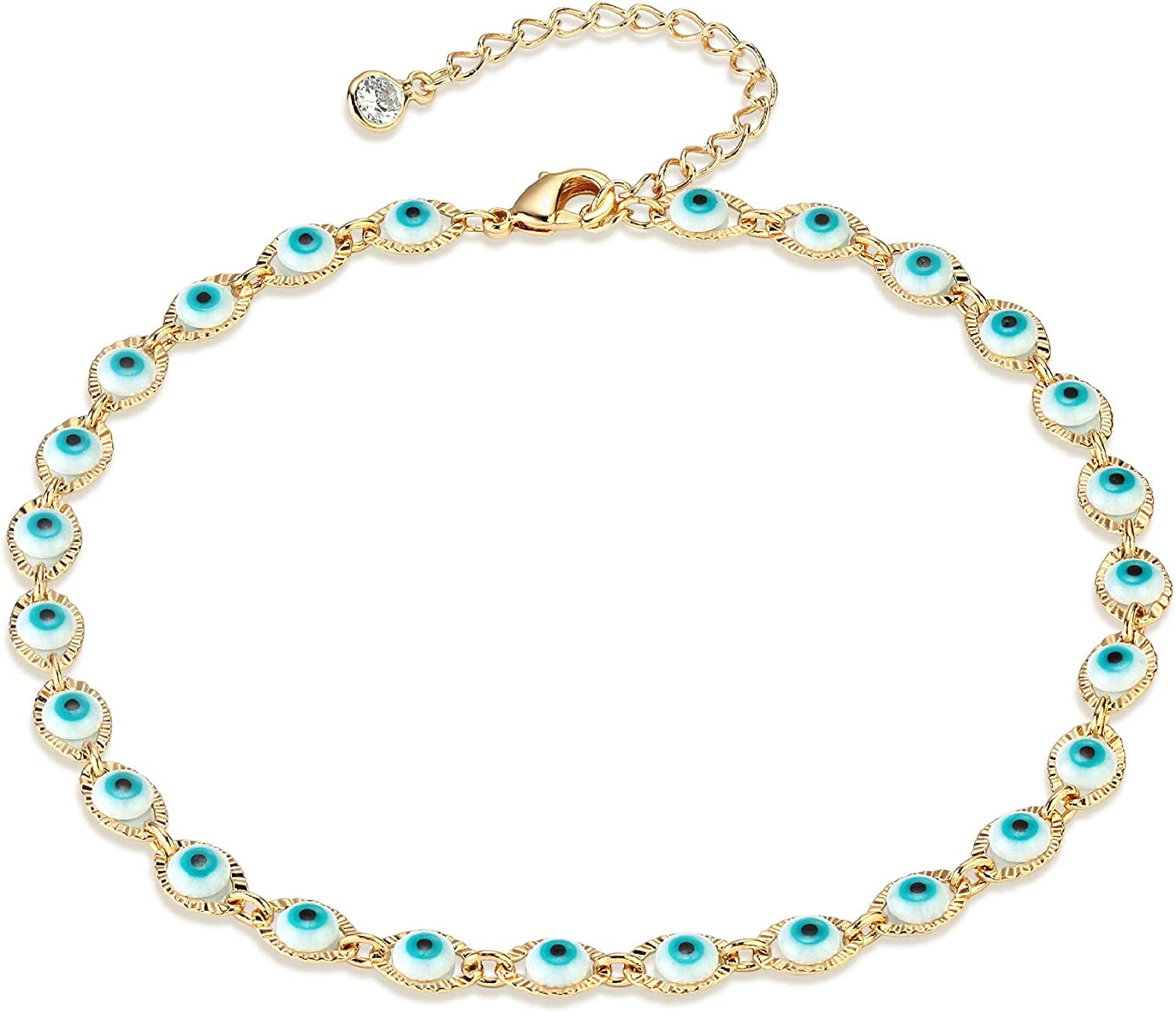 LOYATA Dainty Ankle Bracelet,14K Gold Plated Tiny Bead Anklet Dainty White Cubic Zirconia Cross Tassel Foot Chain Cute Lucky Moon Evil Eye Foot Jewelry Boho Anklets for Women Apparel & Accessories > Jewelry > Anklets LOYATA Evil Eye