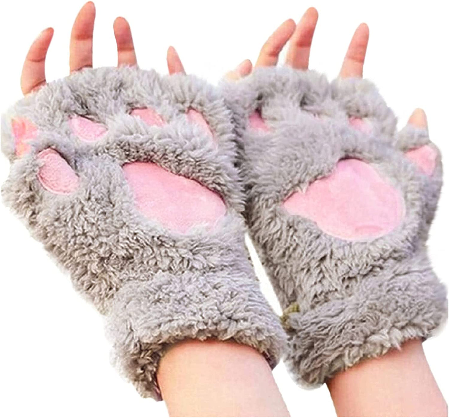 Cat Claw Bear Paw Fingerless Winter Plush Gloves 1Pair for Women Girls Fleece Plush Gloves Mittens Half Finger Gloves Cosplay Apparel & Accessories > Clothing Accessories > Gloves & Mittens JPLZi Gray One Size