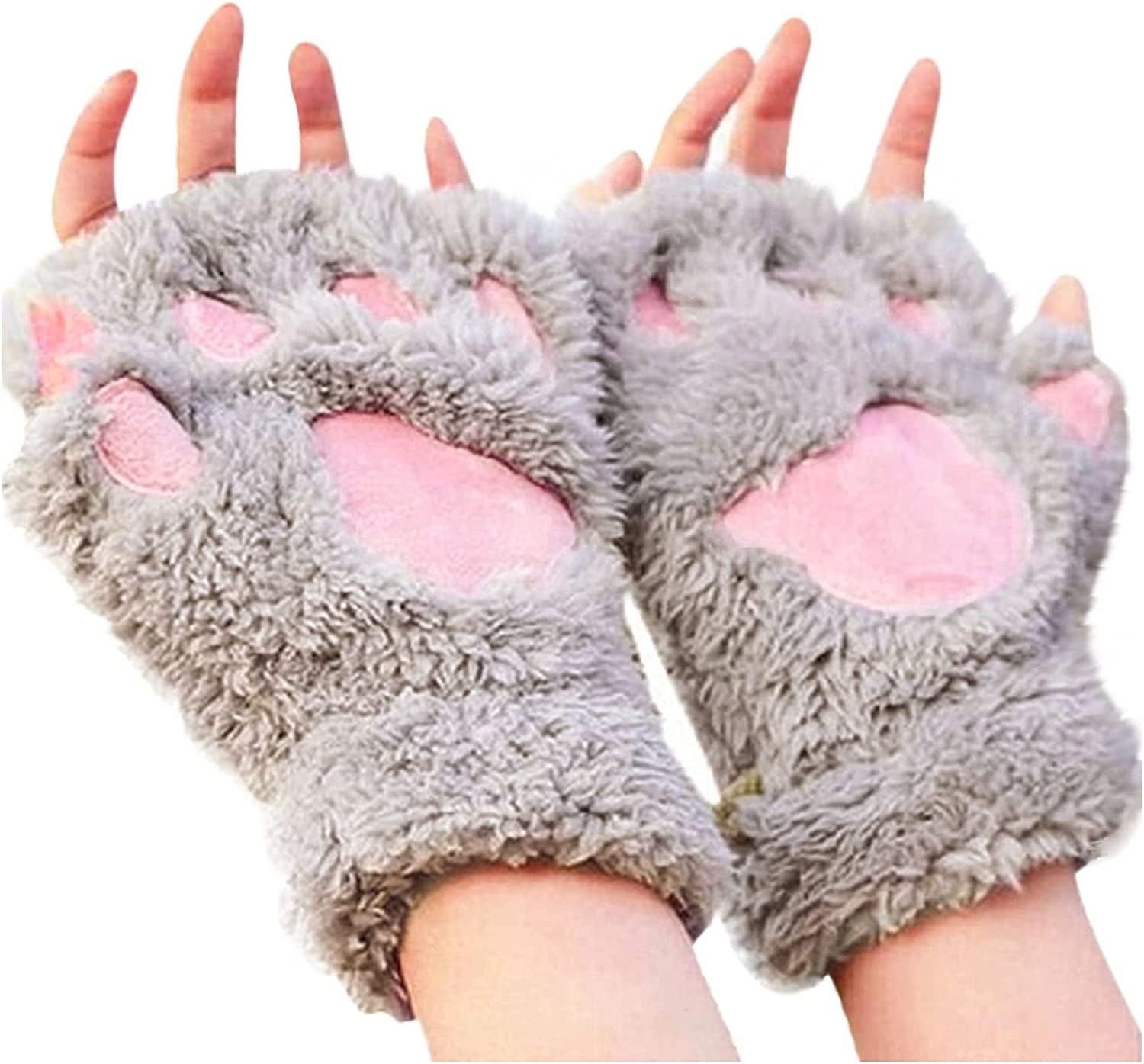 Cat Claw Bear Paw Fingerless Winter Plush Gloves 1Pair for Women Girls Fleece Plush Gloves Mittens Half Finger Gloves Cosplay Apparel & Accessories > Clothing Accessories > Gloves & Mittens JPLZi Gray One Size