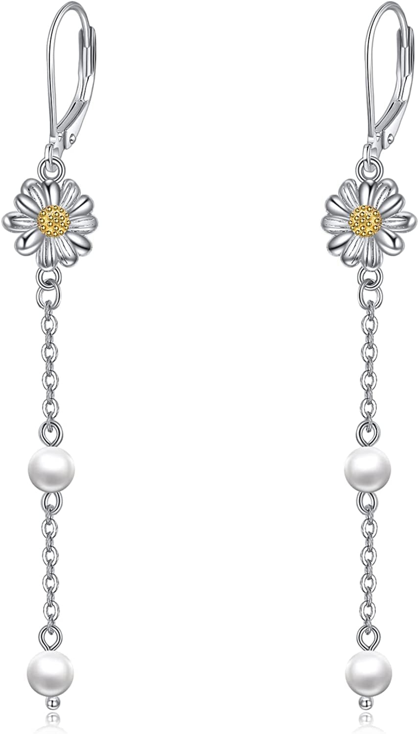 Daisy Earrings,Rose Earrings,Lotus Earrings,Sunflower Earrings Sterling Silver Gold Plated Filigree Flower Leverback Dangle Earrings for Women Girls Apparel & Accessories > Jewelry > Earrings LUHE Daisy pearl earrings