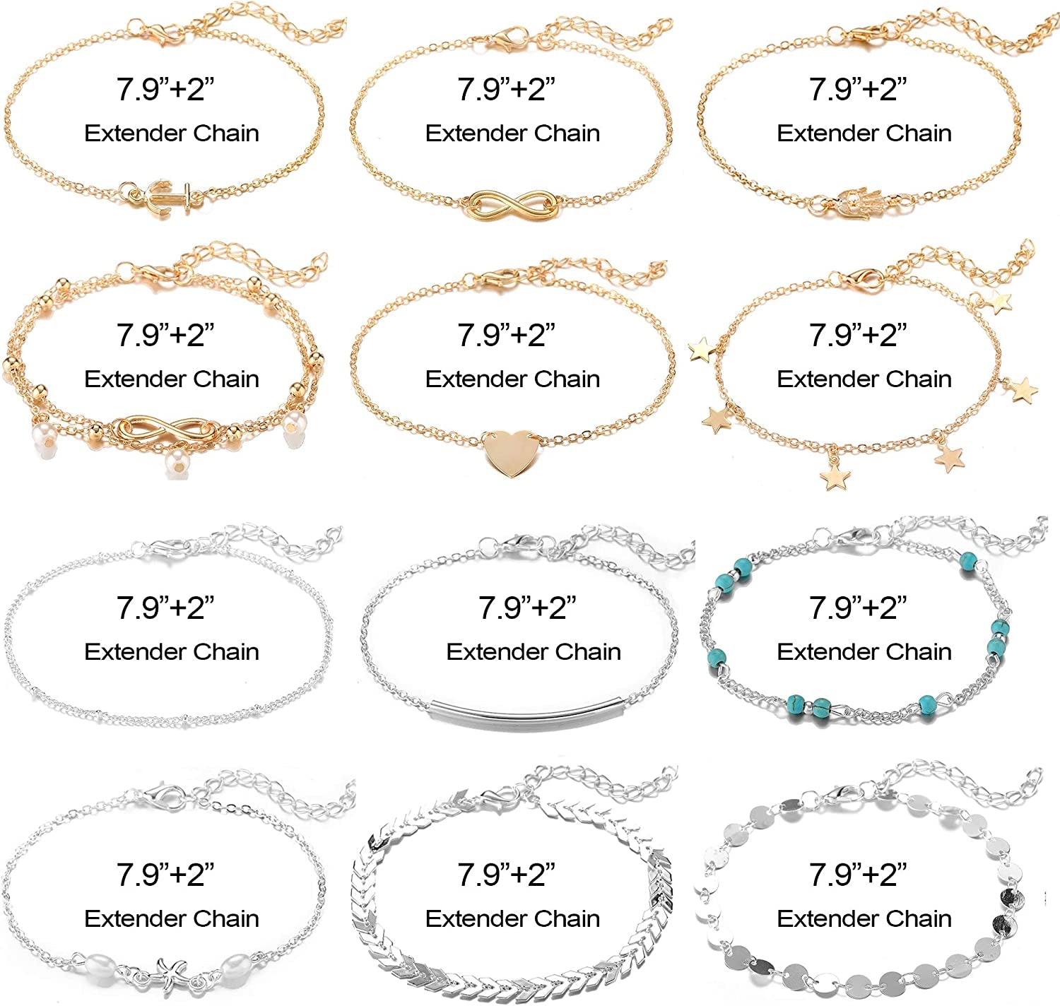 Softones 12Pcs Ankle Bracelets for Women Girls Gold Silver Two Style Chain Beach Anklet Bracelet Jewelry Anklet Set,Adjustable Size Apparel & Accessories > Jewelry > Anklets Softones