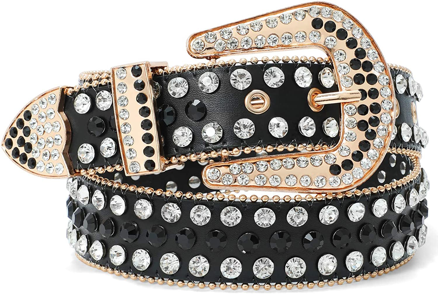 Rhinestone Belt for Men Women SUOSDEY Western Cowboy Cowgirl Bling Studded Leather Belt for Jeans Pants Apparel & Accessories > Clothing Accessories > Belts SUOSDEY 07-black (Golden Buckle) L: fits pants size 38”-42”