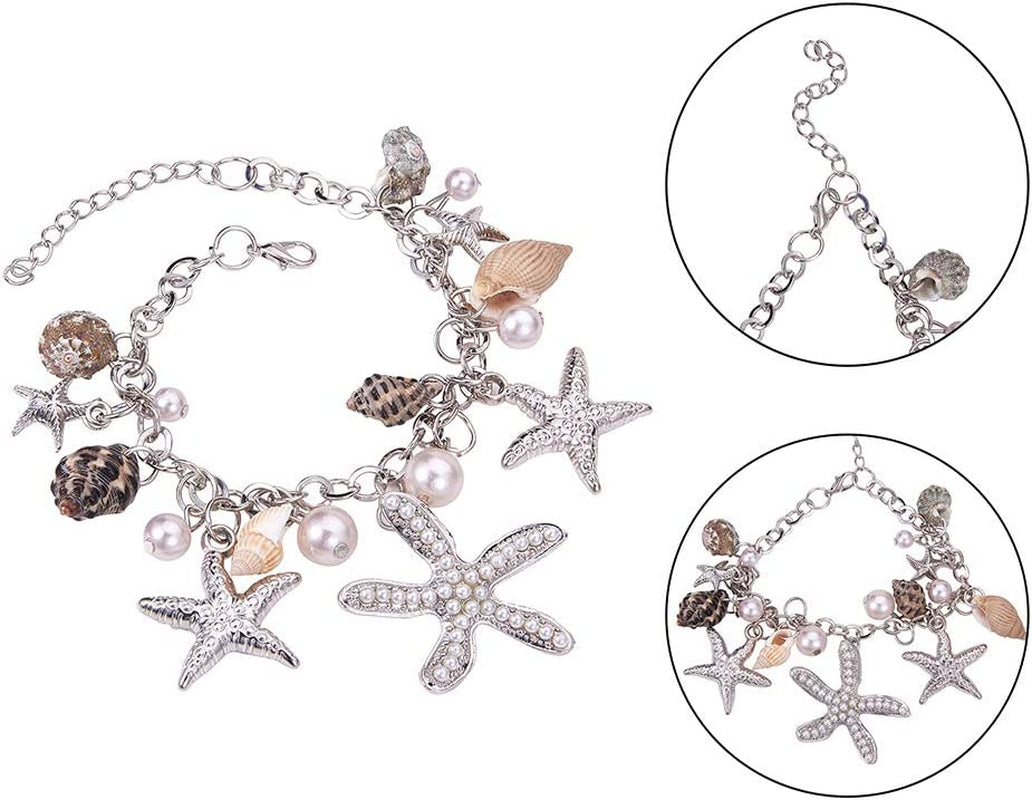 PH Pandahall Starfish Shell Anklet Bracelets Conch Starfish Faux Pearl Anklet Bracelet Charm Women Bohemian Adjustable Shell Bracelet Mermaid Costume Jewelry for Women Silver(7” with 2” Extend Chain) Apparel & Accessories > Jewelry > Anklets PH PandaHall