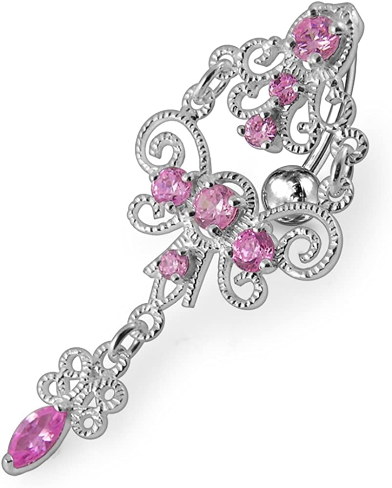 Jeweled Chandeliers Dangling 925 Sterling Silver Belly-Navel Ring Body Jewelry Apparel & Accessories > Jewelry > Body Jewelry PiercingPoint Pink