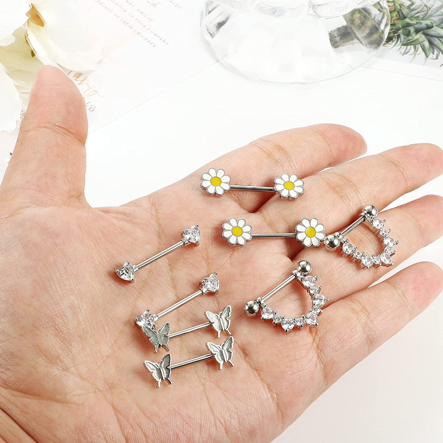 FINREZIO 4Pairs 14G Nipple Rings 316L Surgical Steel Flower Nipple Tongue Ring Barbell Piercing for Women Body Piercing Jewelry Apparel & Accessories > Jewelry > Body Jewelry FINREZIO