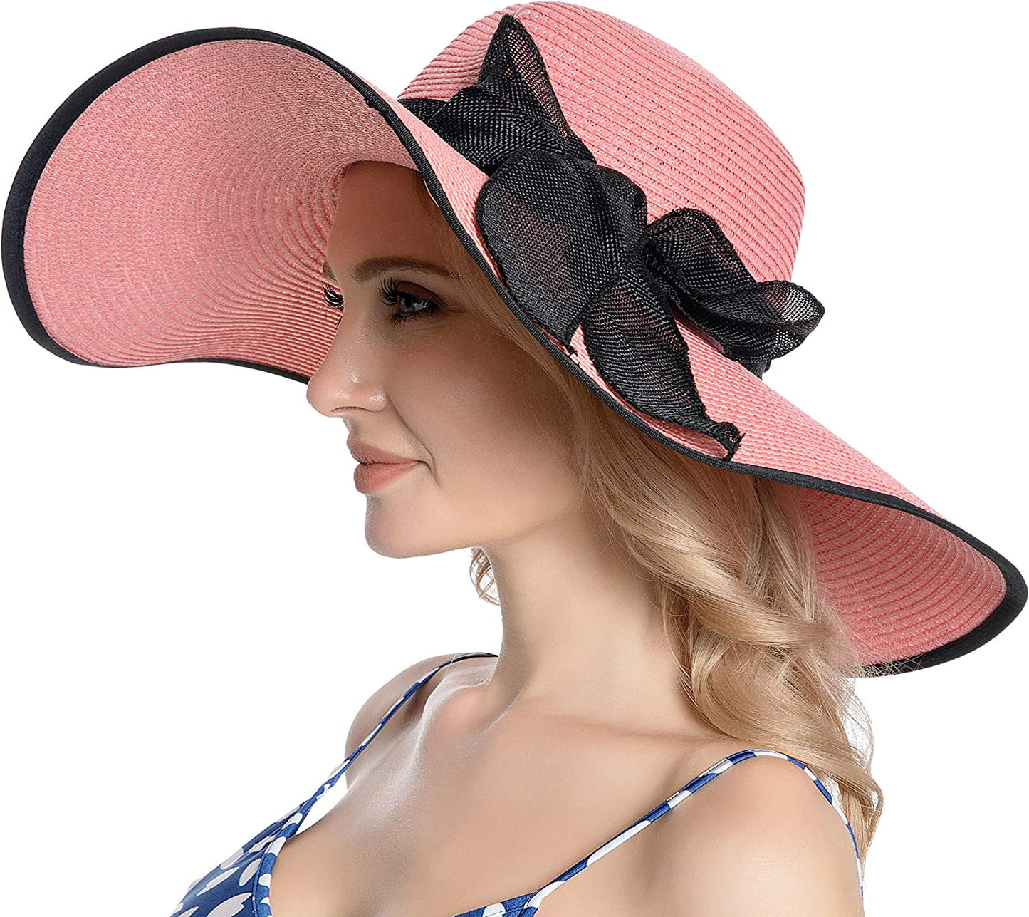 Muryobao Womens Sun Straw Hat Wide Brim UV UPF 50 Summer Hat Foldable Roll up Floppy Beach Cap for Women Apparel & Accessories > Clothing Accessories > Hats Muryobao B-pink