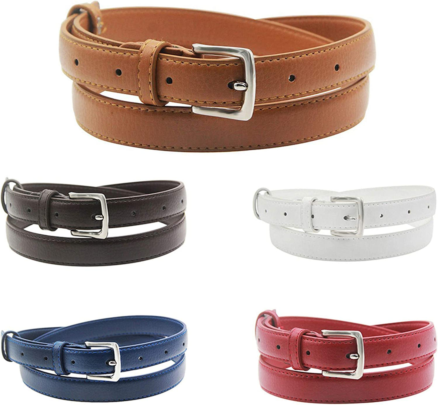 Maikun Womens Belt Skinny Leather Solid Color Pin Buckle Simple Waist for Girls Ladies Apparel & Accessories > Clothing Accessories > Belts maikun 5 Pack 42.5" long, for waist size 35-38"