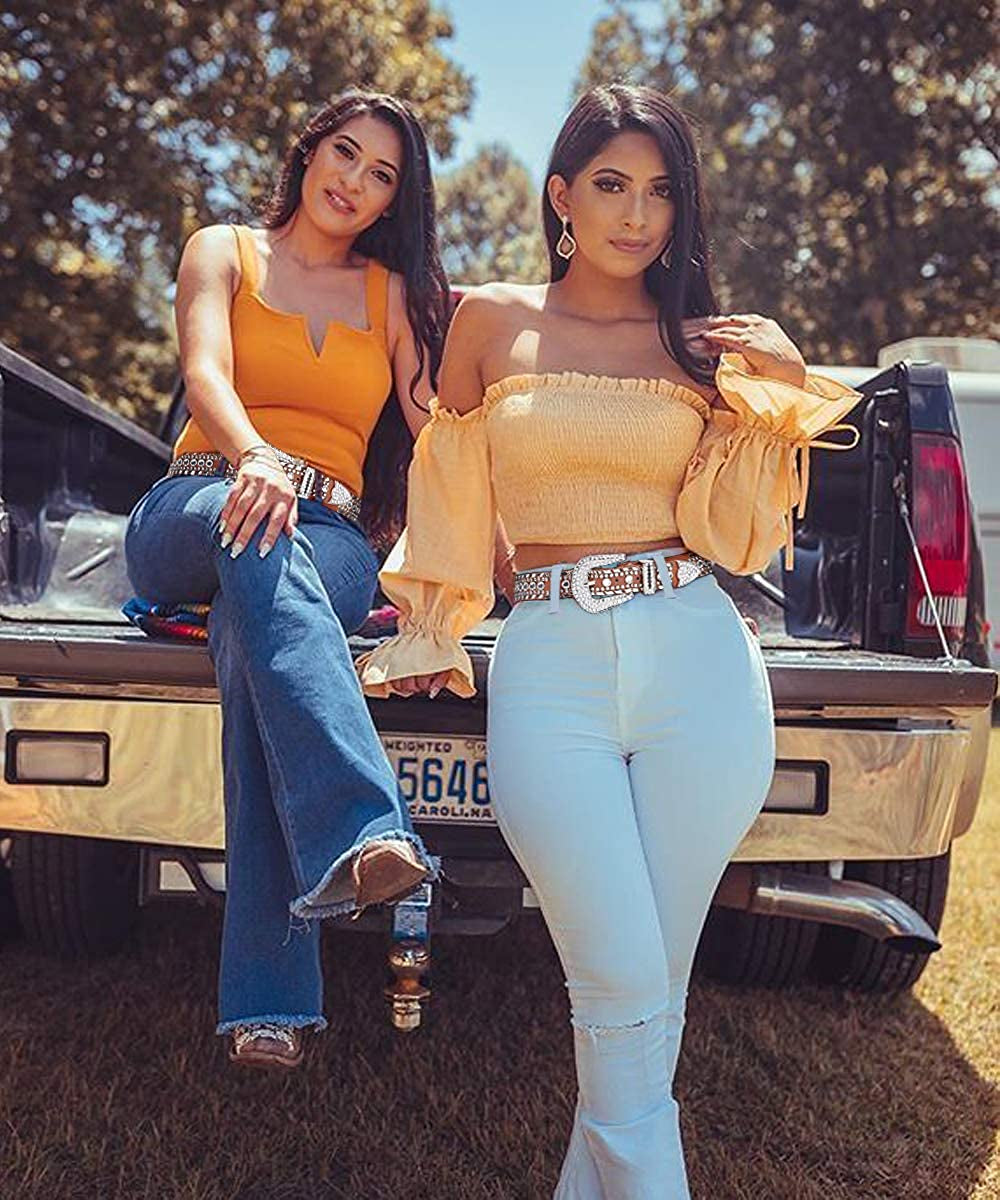 Rhinestone Belt for Men Women SUOSDEY Western Cowboy Cowgirl Bling Studded Leather Belt for Jeans Pants Apparel & Accessories > Clothing Accessories > Belts SUOSDEY