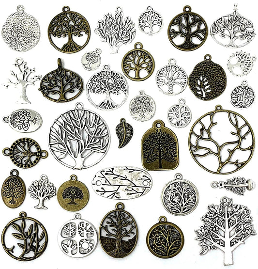 35 PCS Mixed Tree of Life Charms Pendents DIY for Necklace Bracelet Jewelry Making and Crafting, Antique Silver&Bronze Tones