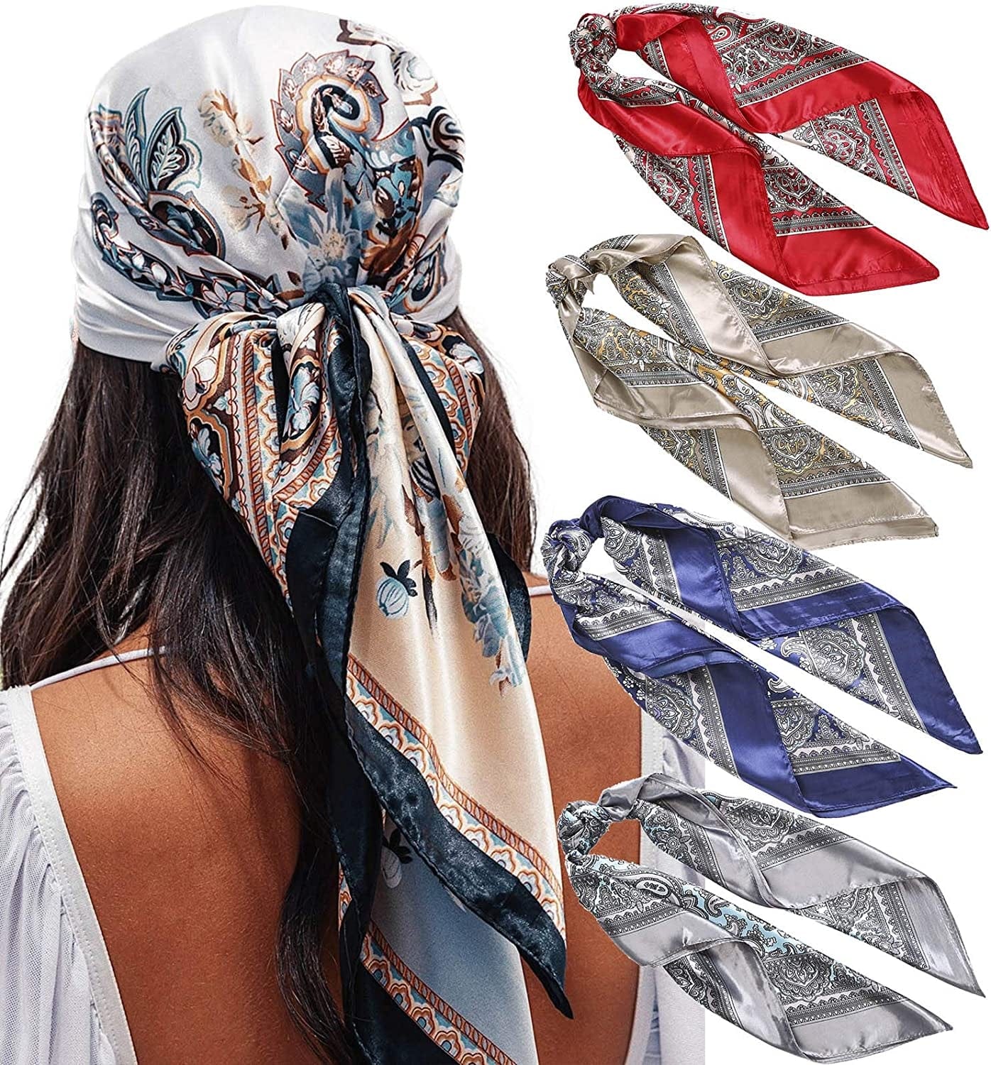 35” Satin Large Square Head Scarves - 4PCS Silk like Neck Scarf Hair Sleeping Wraps Lightweight Satin Silk Scarfs for Women Apparel & Accessories > Clothing Accessories > Headwear AWAYTR Cashew Patterns