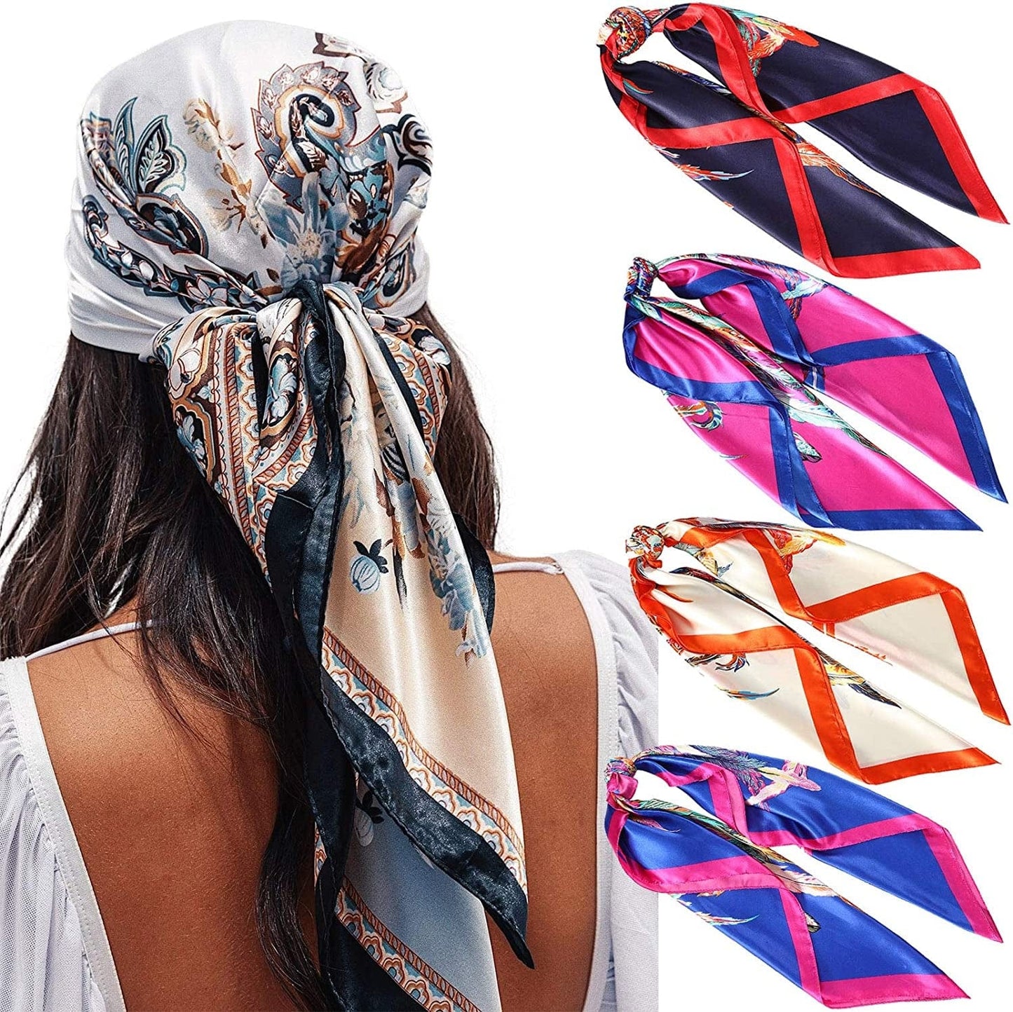 35” Satin Large Square Head Scarves - 4PCS Silk like Neck Scarf Hair Sleeping Wraps Lightweight Satin Silk Scarfs for Women Apparel & Accessories > Clothing Accessories > Headwear AWAYTR Feather Patterns