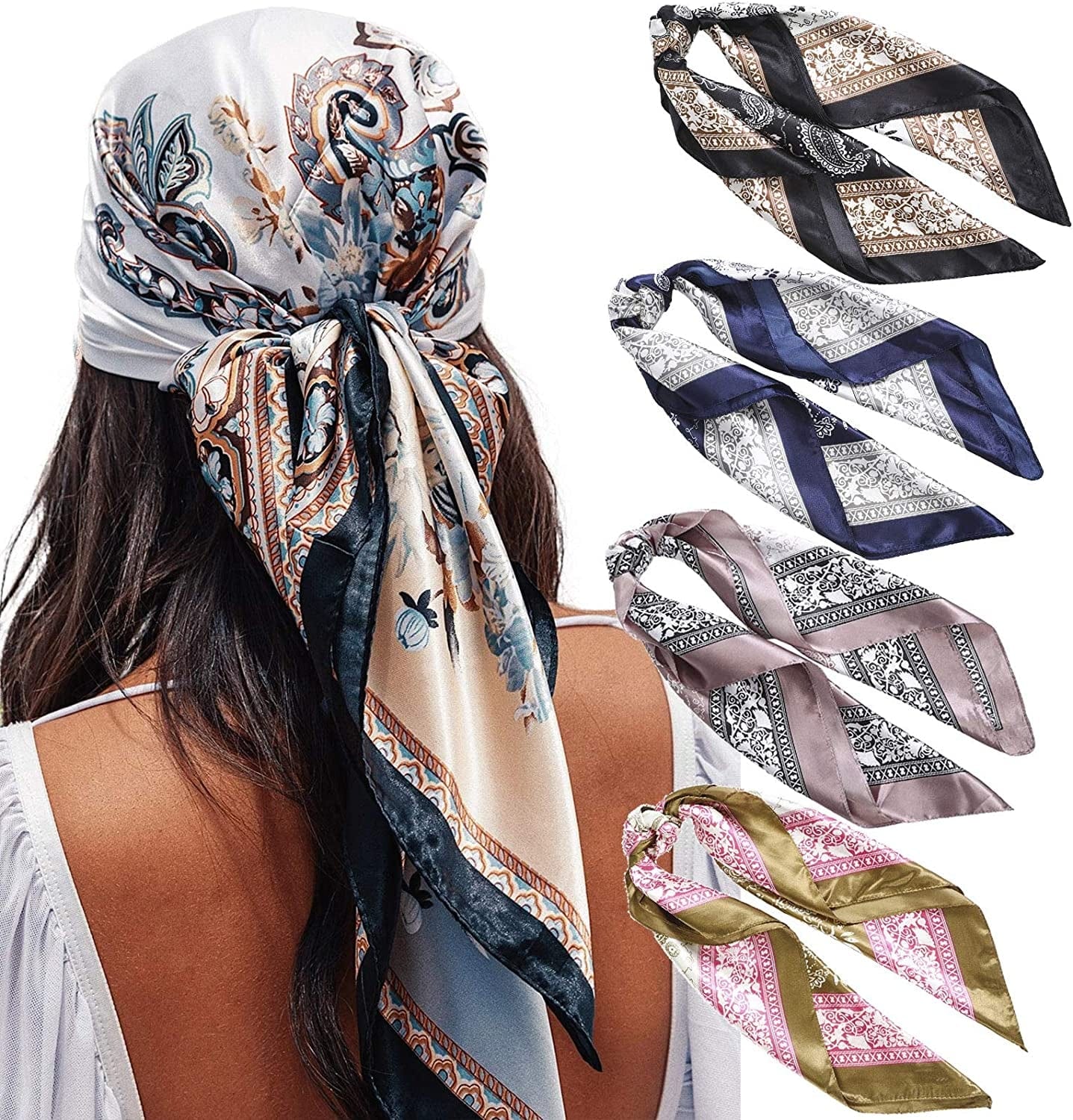 35” Satin Large Square Head Scarves - 4PCS Silk like Neck Scarf Hair Sleeping Wraps Lightweight Satin Silk Scarfs for Women Apparel & Accessories > Clothing Accessories > Headwear AWAYTR Cashew-stitching Pattern