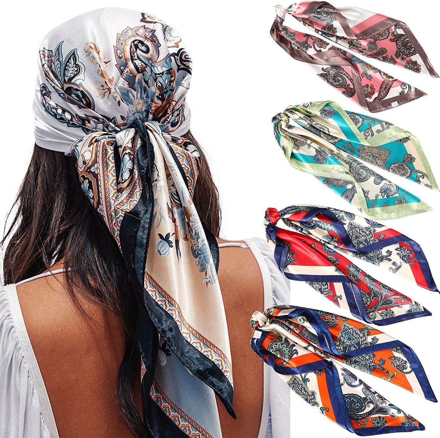 35” Satin Large Square Head Scarves - 4PCS Silk like Neck Scarf Hair Sleeping Wraps Lightweight Satin Silk Scarfs for Women Apparel & Accessories > Clothing Accessories > Headwear AWAYTR Cashew(red/Blue&green/Pink/Orange)