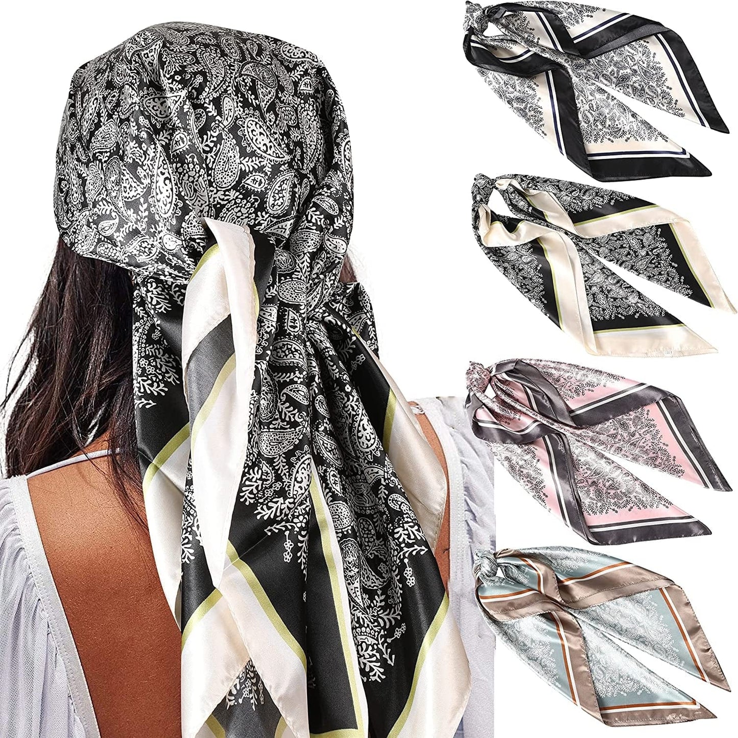 35” Satin Large Square Head Scarves - 4PCS Silk like Neck Scarf Hair Sleeping Wraps Lightweight Satin Silk Scarfs for Women Apparel & Accessories > Clothing Accessories > Headwear AWAYTR Black+camel+pink+green