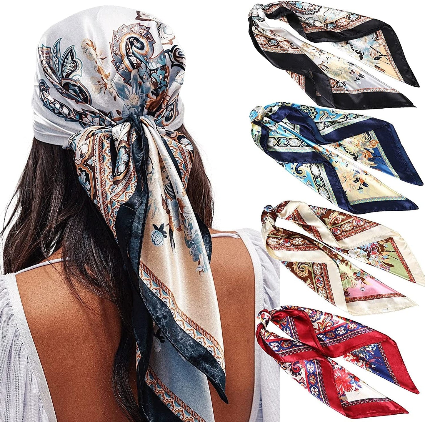 35” Satin Large Square Head Scarves - 4PCS Silk like Neck Scarf Hair Sleeping Wraps Lightweight Satin Silk Scarfs for Women Apparel & Accessories > Clothing Accessories > Headwear AWAYTR Cashew(white/Red/Red/Coffee)