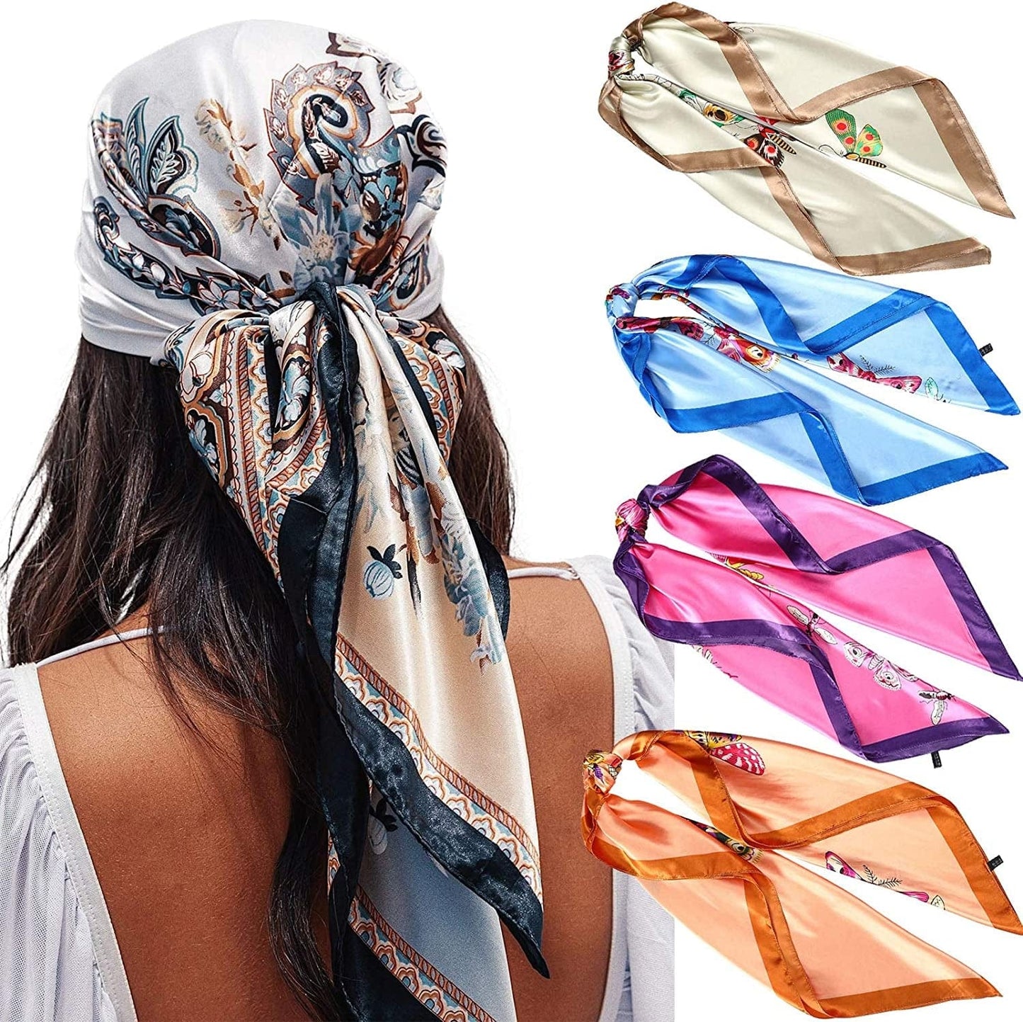 35” Satin Large Square Head Scarves - 4PCS Silk like Neck Scarf Hair Sleeping Wraps Lightweight Satin Silk Scarfs for Women Apparel & Accessories > Clothing Accessories > Headwear AWAYTR Buttfly Patterns(blue/Coffee/Beige/Rose Red)