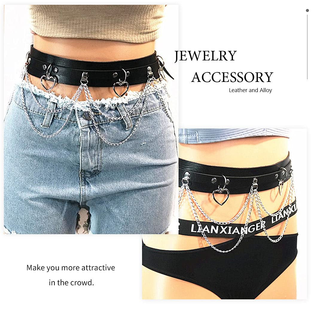 Bodiy Punk Waist Chain Belts Leather Gothic Layered Heart Love Rave Belly Body Chains Jewelry for Women Sexy (Black-1) Apparel & Accessories > Jewelry > Body Jewelry BODIY