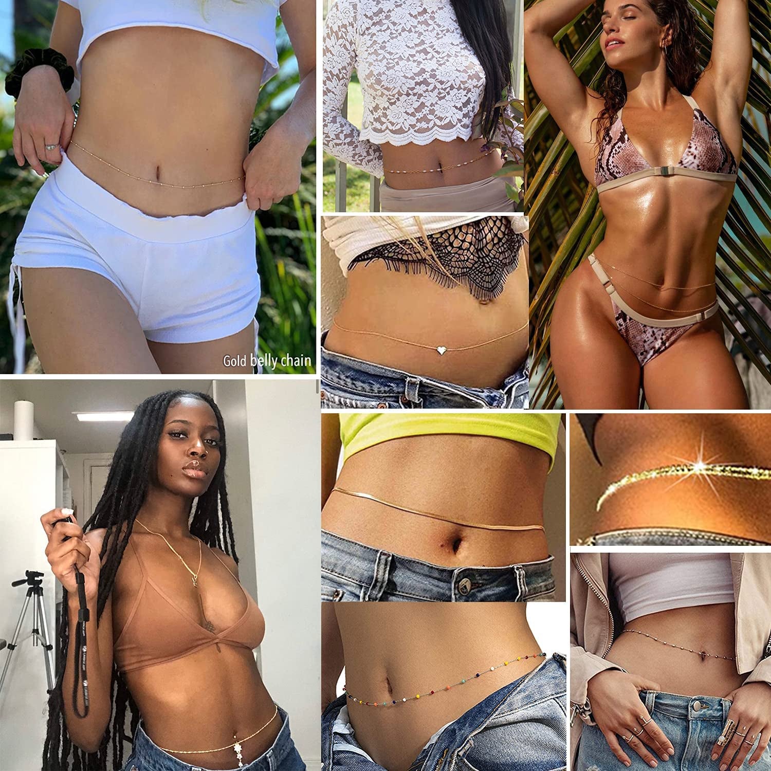 WFYOU 12Pcs Beach Bikini Belly Chain Jewelry for Women Rhinestone Beads Waist Chain Sexy Gold Body Chain Jewelry for Summer Apparel & Accessories > Jewelry > Body Jewelry WFYOU