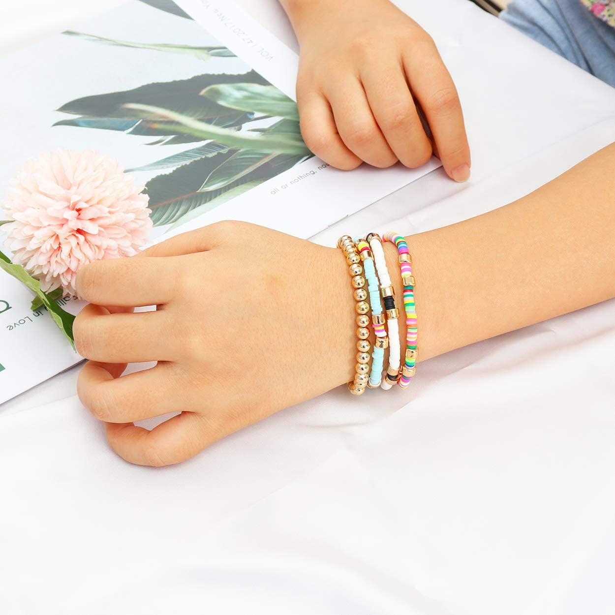 Colorful Beaded Bracelet for Women Heishi Bracelet Set Assorted Gold Bead Stackable Stretch Strand Bracelet Apparel & Accessories > Jewelry > Bracelets WETMT