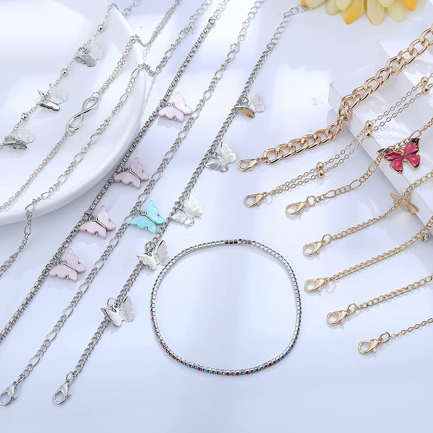 LOLIAS 14Pcs Butterfly Anklets for Women Cute Rhinestone Tennis Ankle Bracelets Boho Summer Beach Layered Chain Anklet Foot Jewelry Apparel & Accessories > Jewelry > Anklets LOLIAS