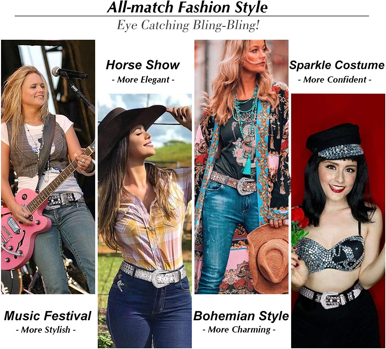 Rhinestone Belt for Men Women SUOSDEY Western Cowboy Cowgirl Bling Studded Leather Belt for Jeans Pants Apparel & Accessories > Clothing Accessories > Belts SUOSDEY