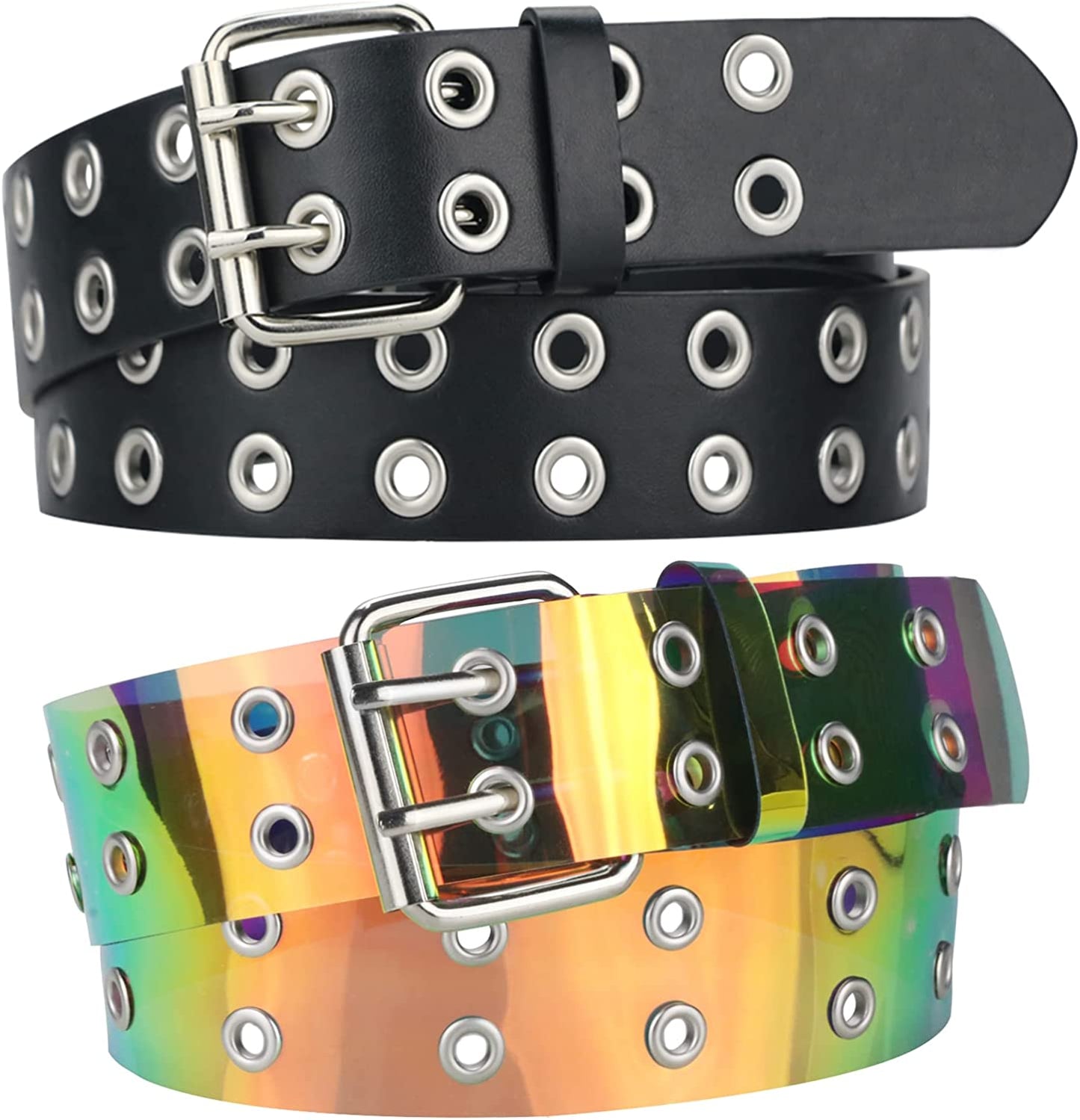 Grommet Leather Belts for Women, Black Belt Women Men with Double Studded Holes Apparel & Accessories > Clothing Accessories > Belts macoking Black+colorful -Double Holes Fit for waist up to 37"