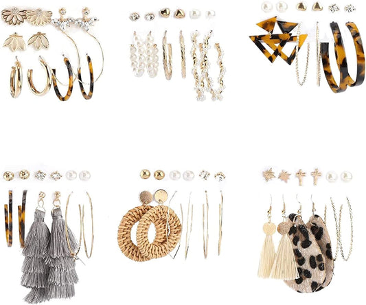 36 Pairs Fashion Earrings for Women, Stylish Teen Girls Tassel Dangle Earring & Pearl Stud Jewelry Set, Leather/Rattan/Gold/Acrylic Hoop Eardrop for Friend Birthday, Valentine, Christmas Gifts