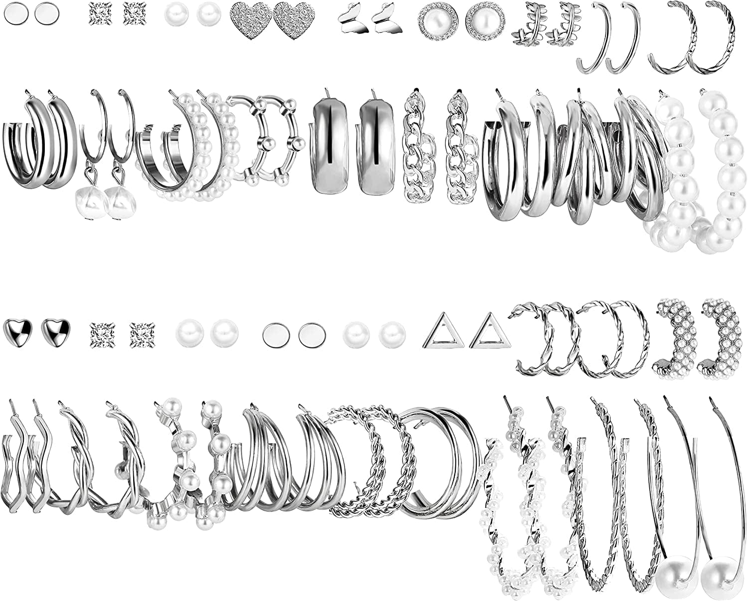 36 Pairs Gold Earrings Set for Women Girls, Fashion Pearl Chain Link Stud Drop Dangle Earrings Multipack Statement Earring Packs, Hypoallergenic Earrings for Birthday Party Christmas Jewelry Gift Apparel & Accessories > Jewelry > Earrings FAXHION 1-silver