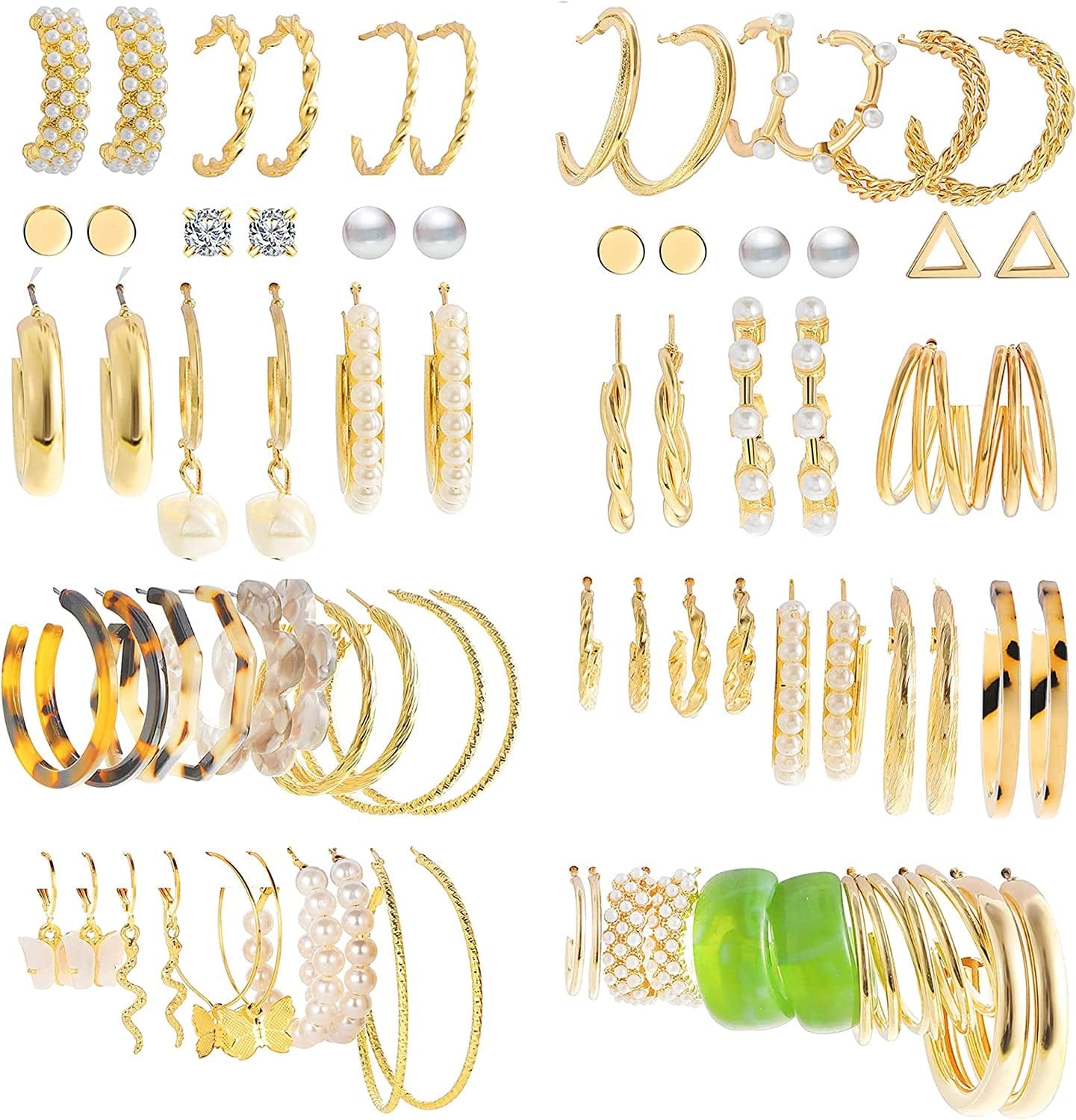 36 Pairs Gold Hoop Earrings Set for Women Girls, Fashion Hoop Stud Drop Dangle Earrings Boho Statement Paperclip Hypoallergenic Earrings for Christmas Jewelry Gift 2-38