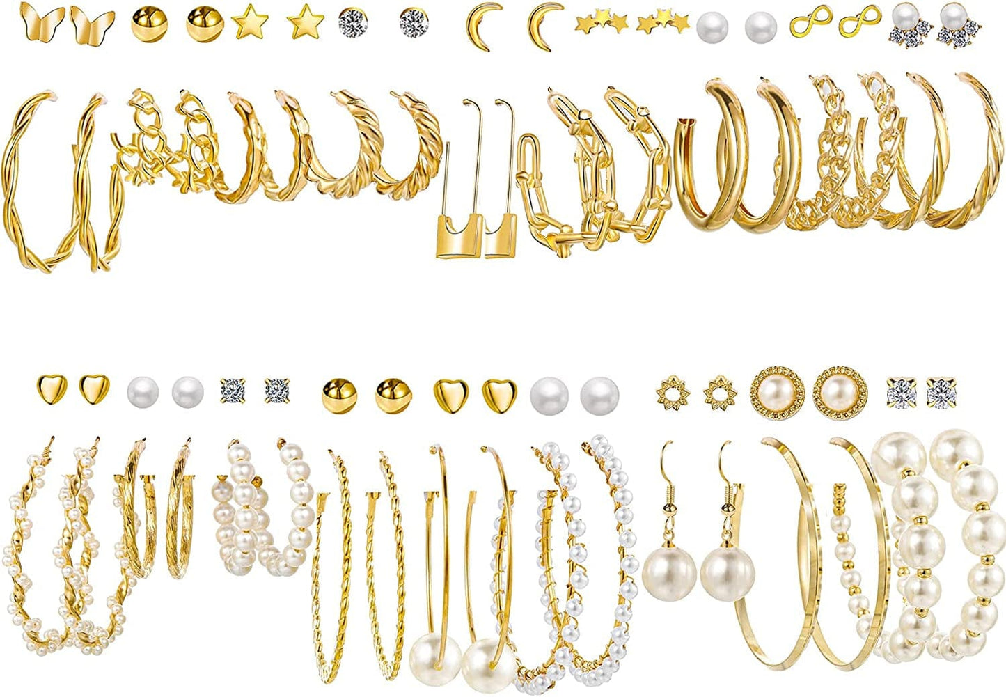 36 Pairs Gold Hoop Earrings Set for Women Girls, Fashion Hoop Stud Drop Dangle Earrings Boho Statement Paperclip Hypoallergenic Earrings for Christmas Jewelry Gift 1-36