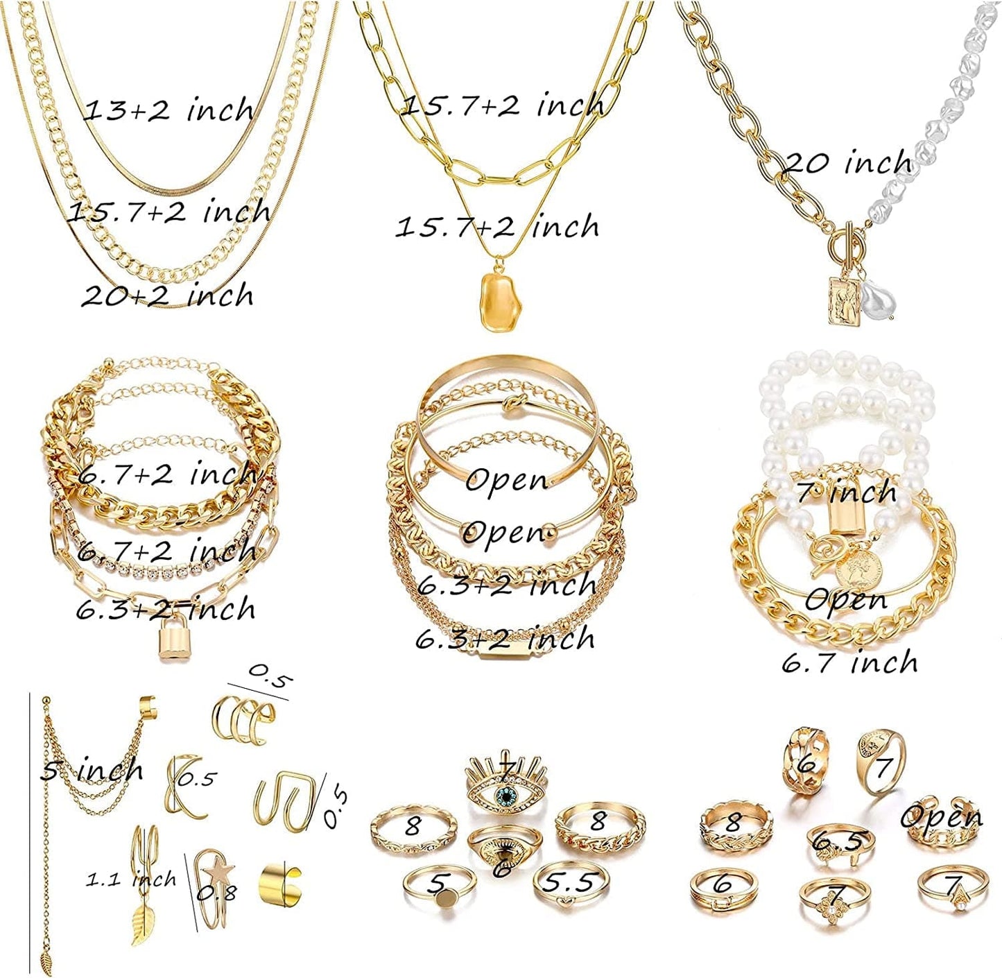 36 PCS Gold Plated Jewelry Set with 4 PCS Necklace, 11 PCS Bracelet, 7 PCS Ear Cuffs Earring, 14 Pcs Knuckle Rings for Women Girls Valentine Anniversary Birthday Friendship Gift