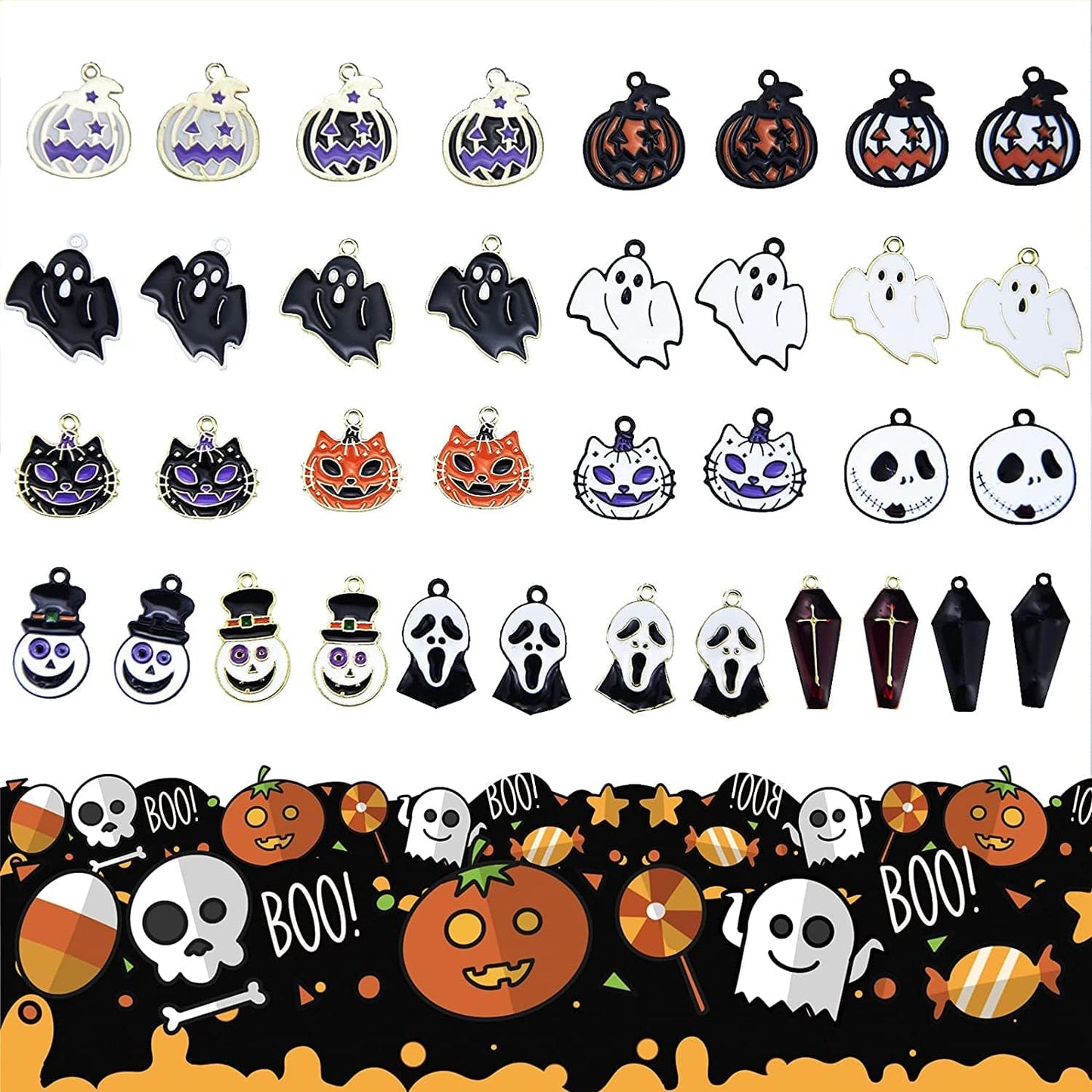 36 Pcs Halloween Charms Pendants Assorted Gold Black Plated Enamel Pumpkin Ghost Clown Wizard Hat Halloween Charms for Jewelry Making DIY Necklace Bracelet Earring Supplies Accessories